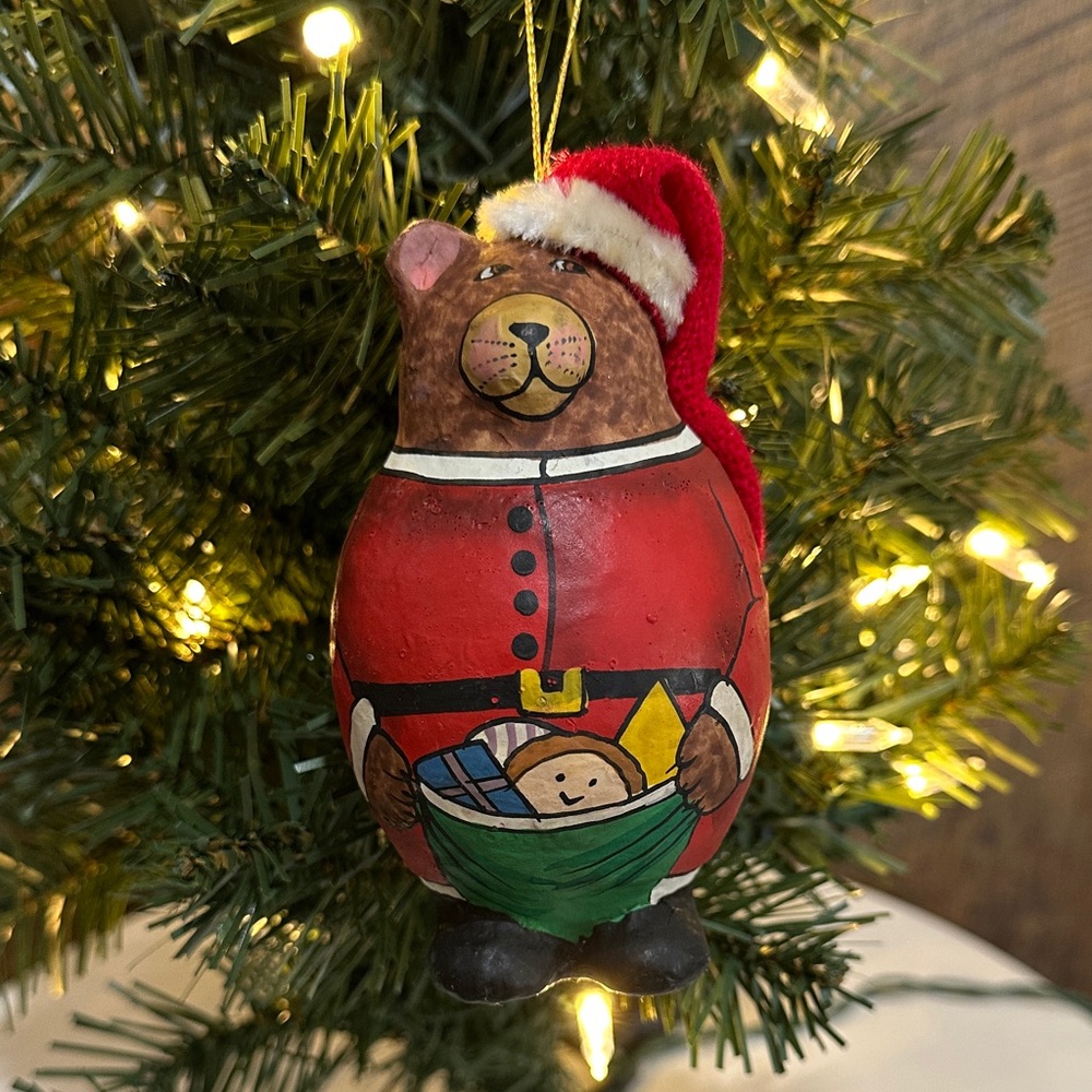 Vintage 1989 Santa Claus Brown Bear Christmas Ornament Red Hat Hand Painted